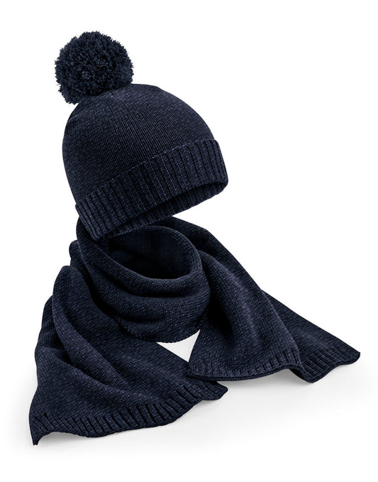 Knitted Scarf & Beanie Gift Set - Navy Fleck