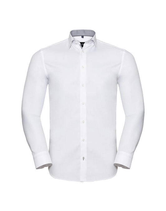 Men's Long Sleeve Tailored Contrast Herringbone Shirt - White/Silver/Convoy Grey