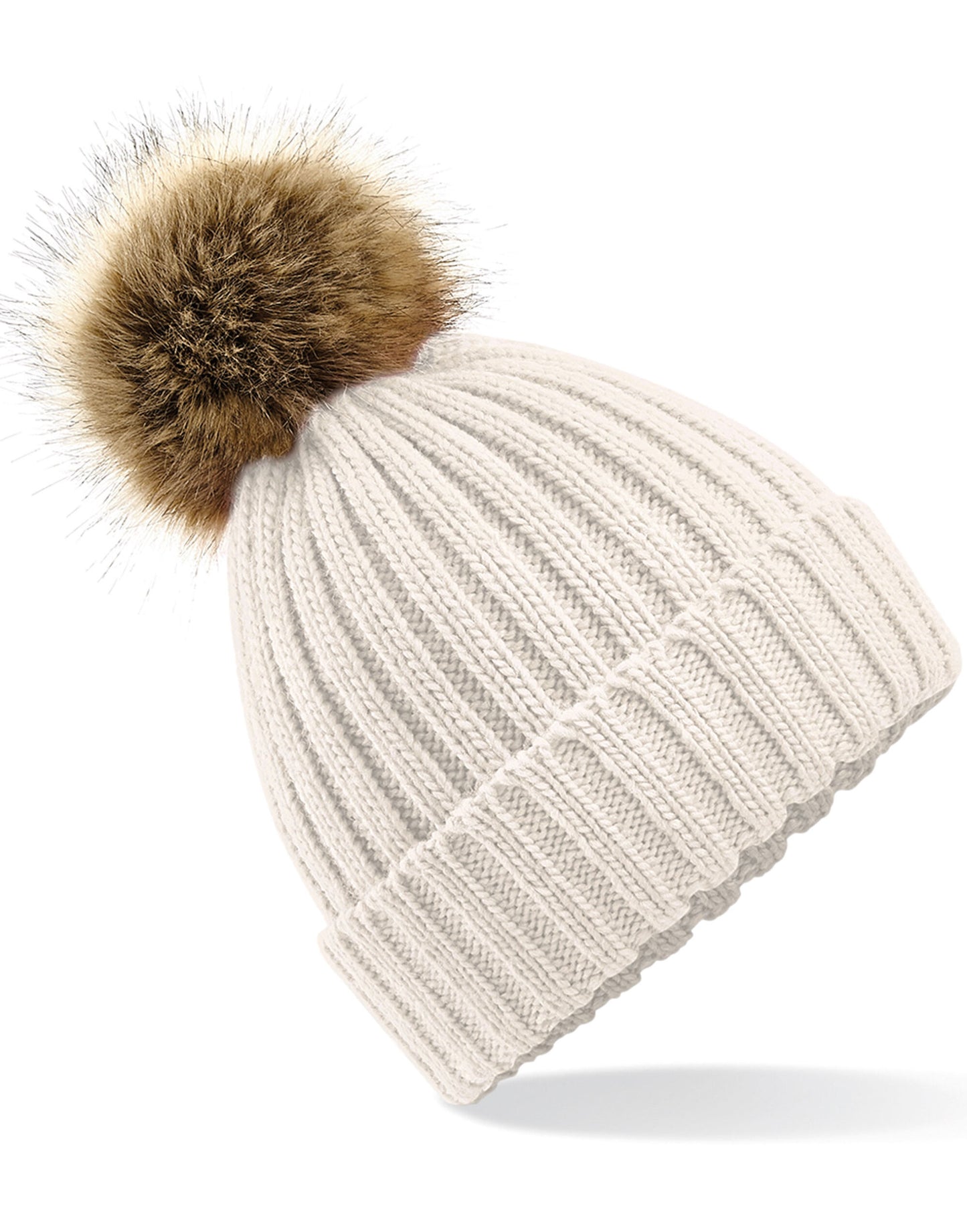 Faux Fur Pom Pom Chunky Beanie - Oatmeal