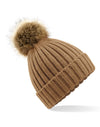 Faux Fur Pom Pom Chunky Beanie - Biscuit