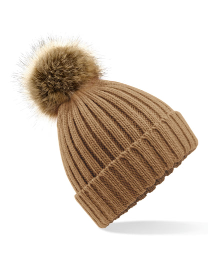 Faux Fur Pom Pom Chunky Beanie - Biscuit