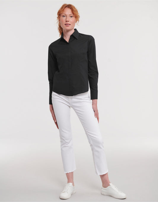 Ladies' Long Sleeve Fitted Polycotton Poplin Shirt - Black