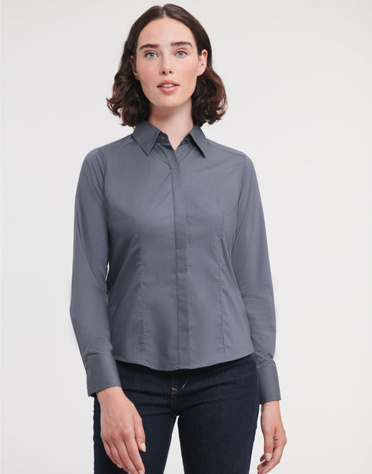 Ladies' Long Sleeve Fitted Polycotton Poplin Shirt - Convoy Grey