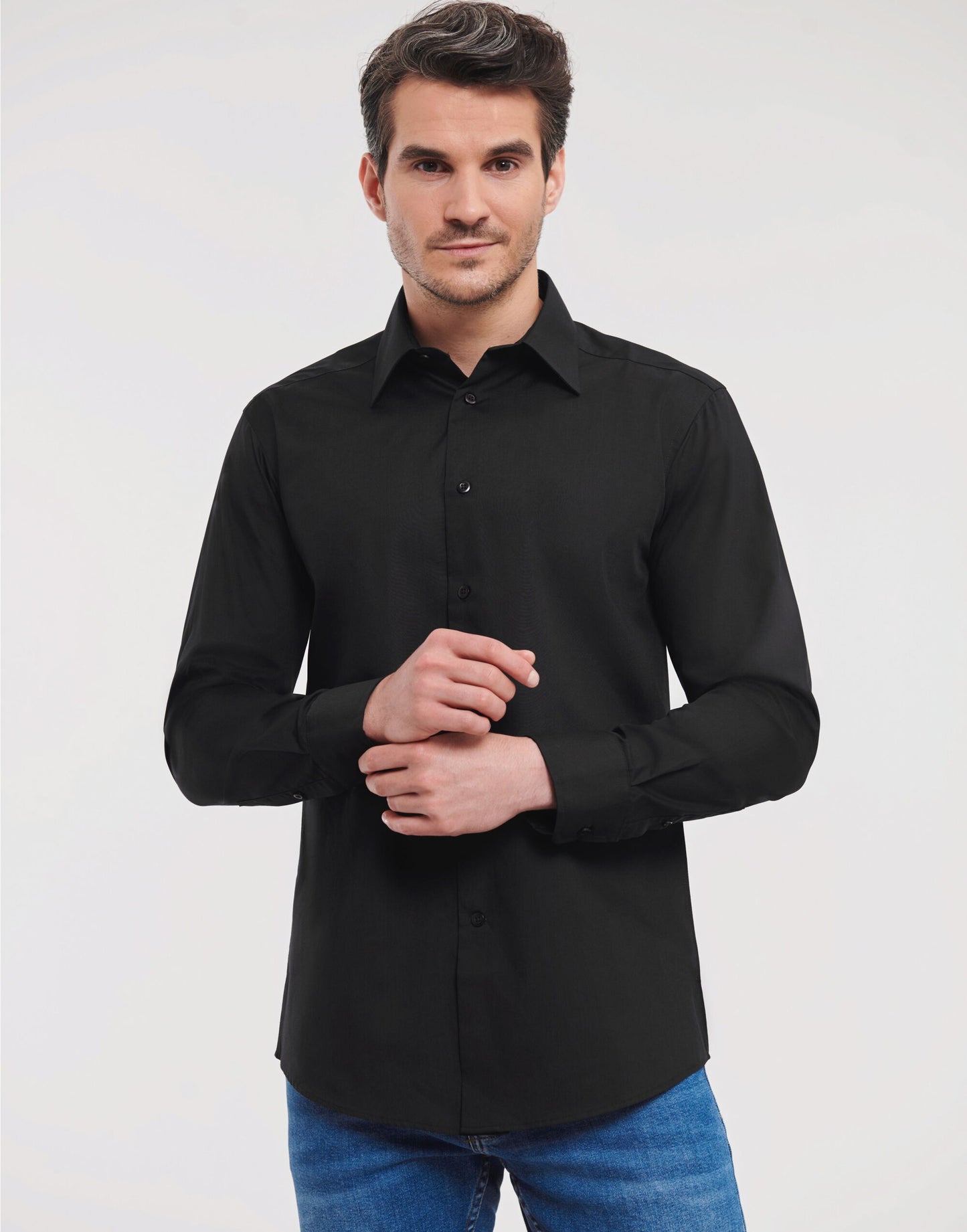 Men's Long Sleeve Tailored Polycotton Poplin Shirt - Black