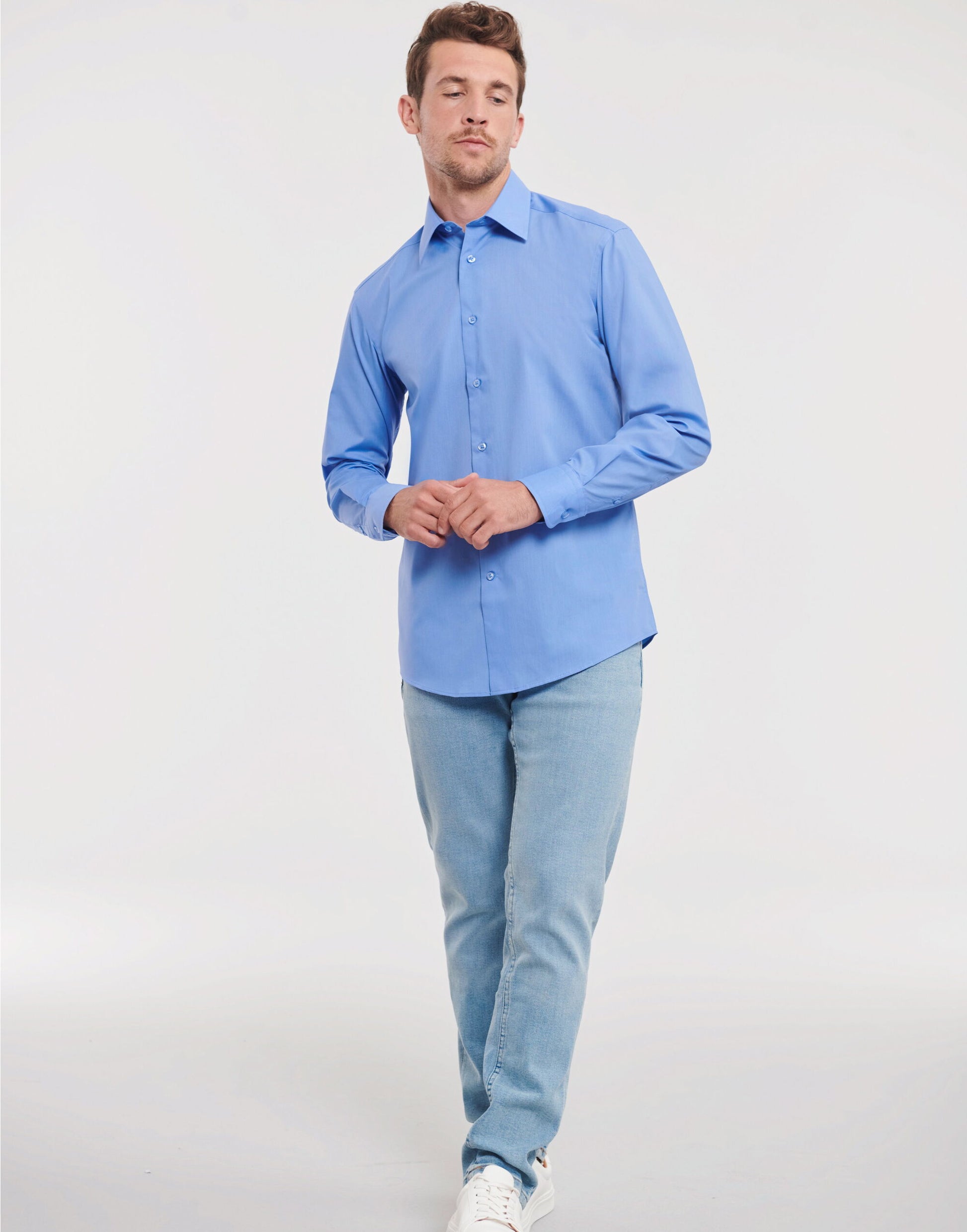Men's Long Sleeve Tailored Polycotton Poplin Shirt - Corporate Blue