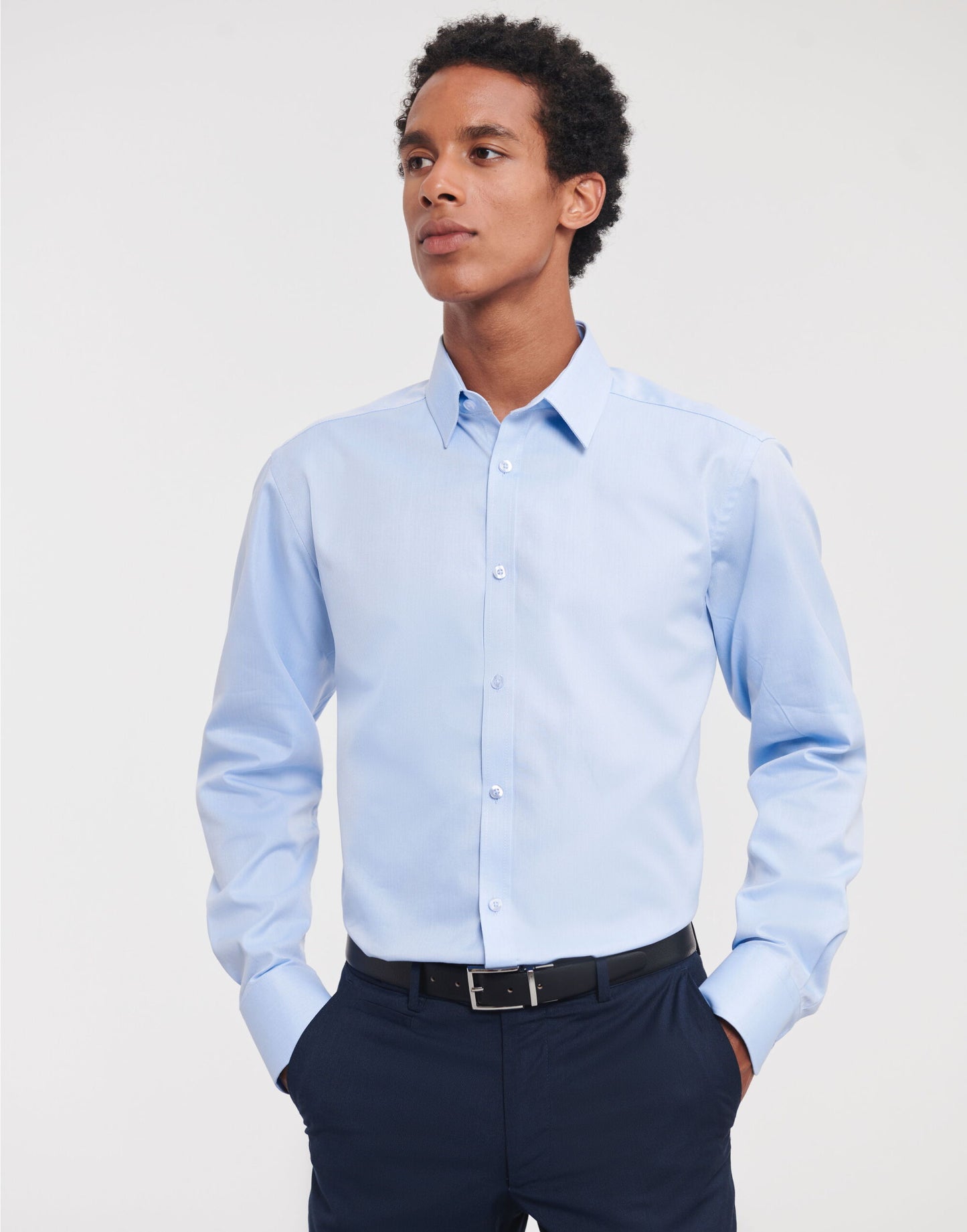 Men's Long Sleeve Tailored Herringbone Shirt - Light Blue