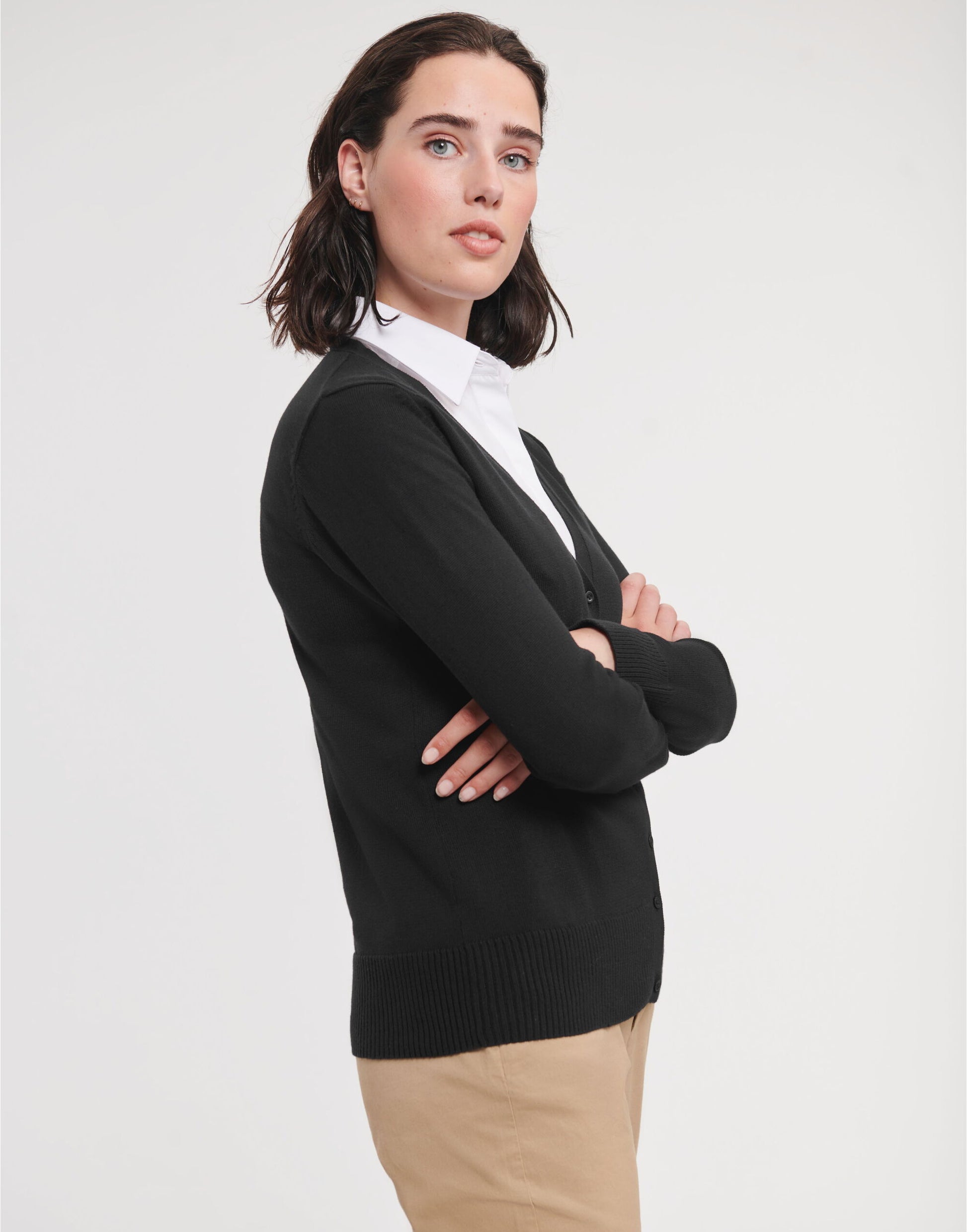 Ladies' V-Neck Knitted Cardigan - Charcoal Marl