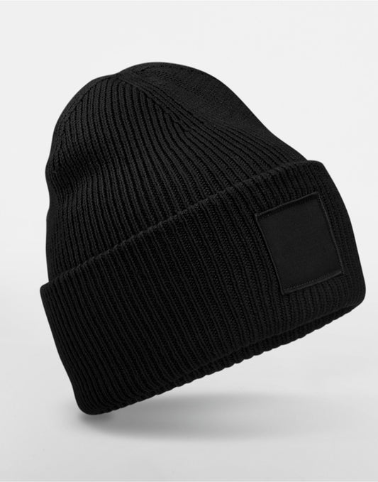 Deep Cuffed Tonal Patch Beanie - Black