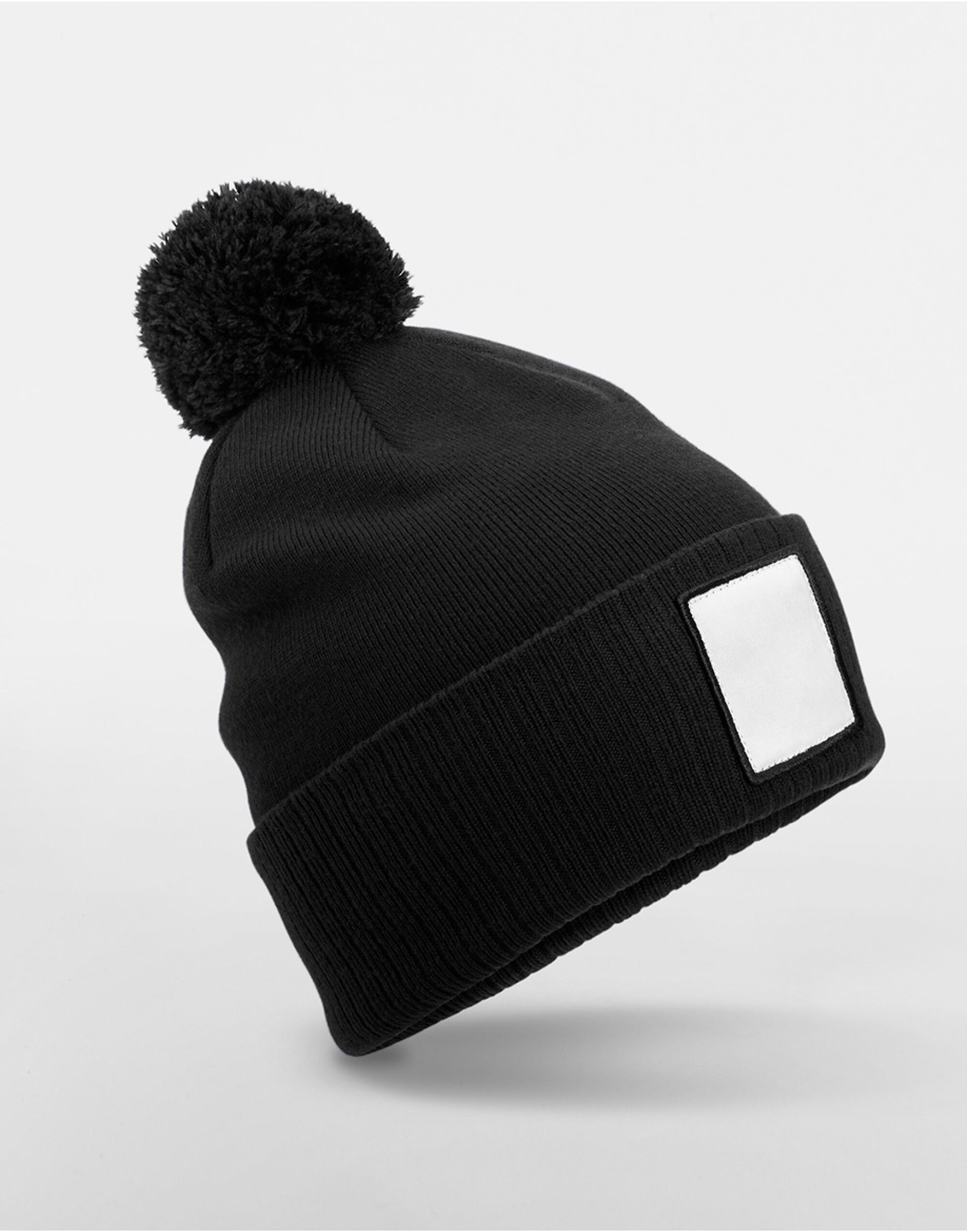 Appliqué Patch Pom Beanie - Black/White