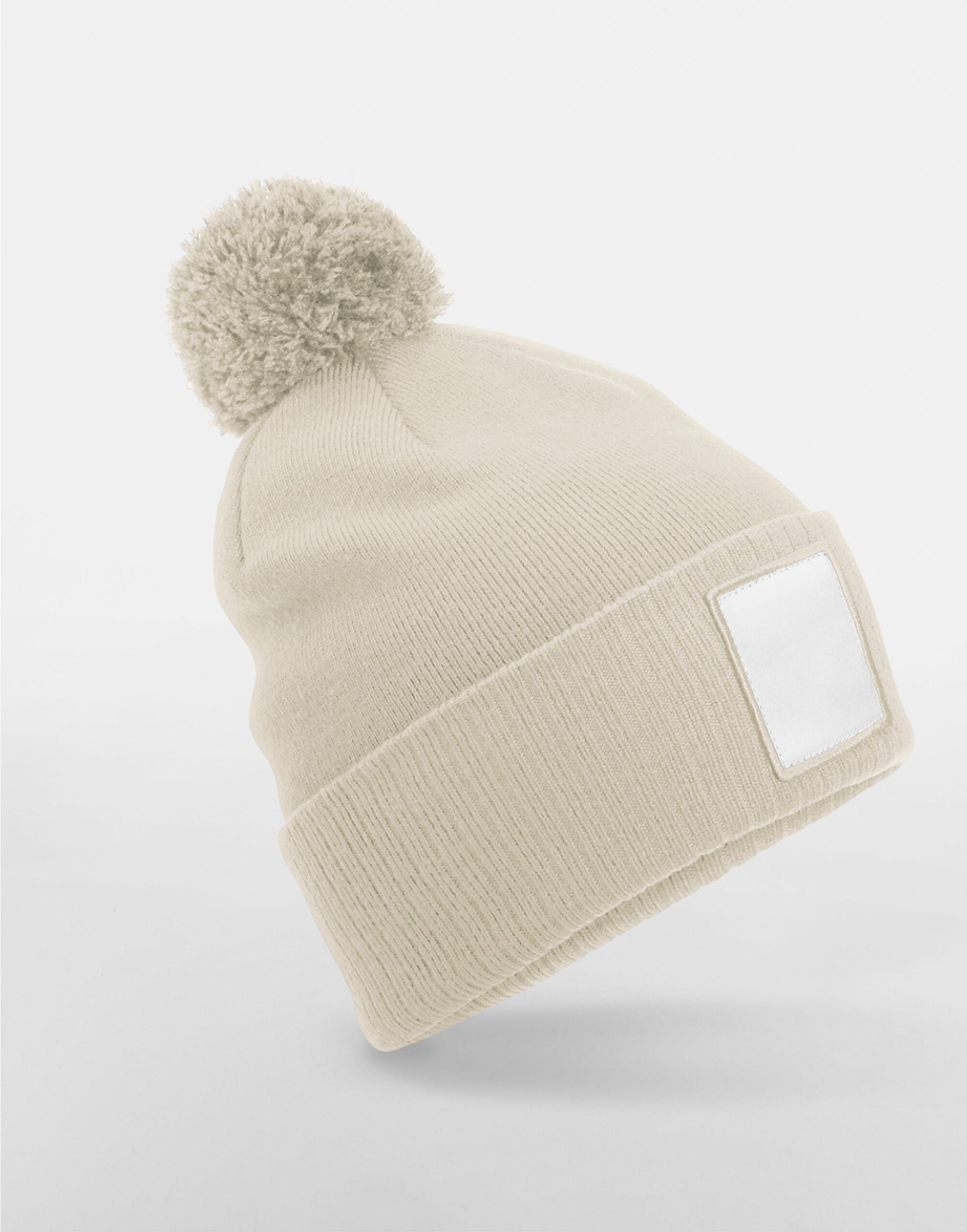 Appliqué Patch Pom Beanie - Oatmeal/White