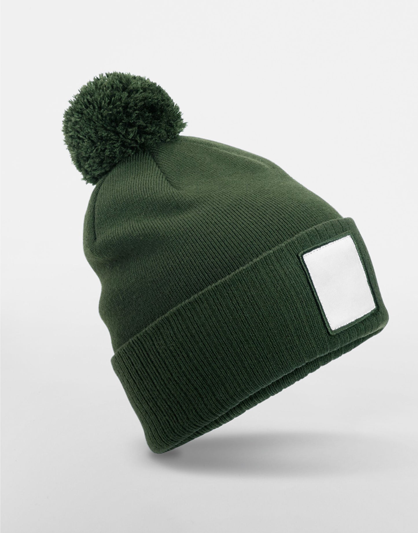 Appliqué Patch Pom Beanie - Olive Green/White