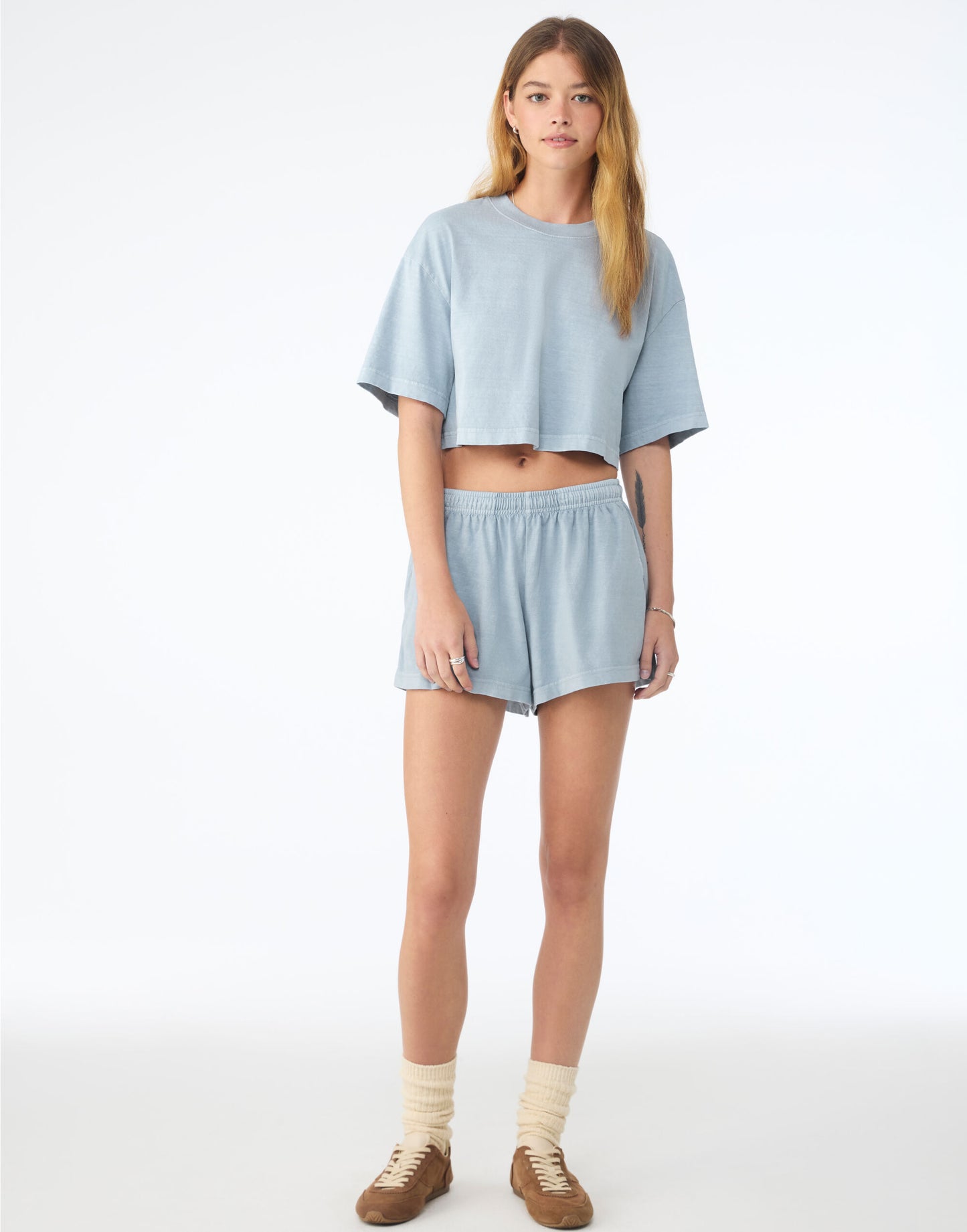 Women's Heavyweight Washed Cropped Tee - Light Washed Denim