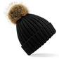 Faux Fur Pom Pom Chunky Beanie - Black