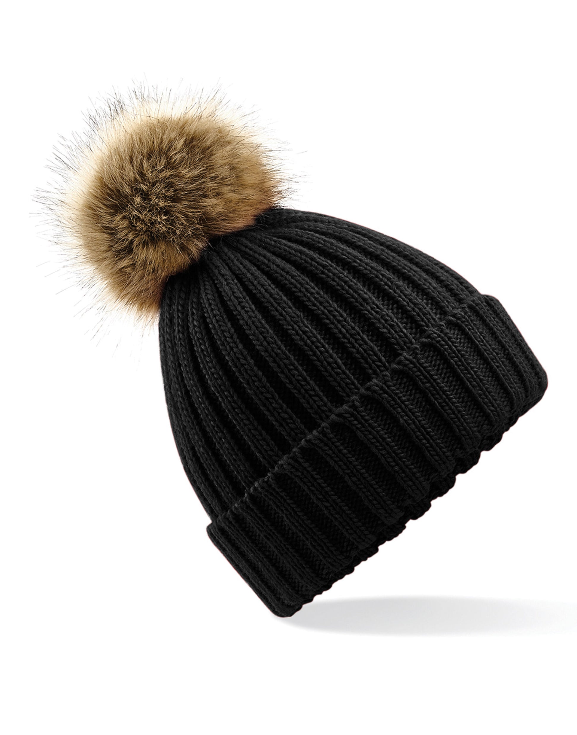 Faux Fur Pom Pom Chunky Beanie - Black