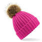 Faux Fur Pom Pom Chunky Beanie - Fuchsia