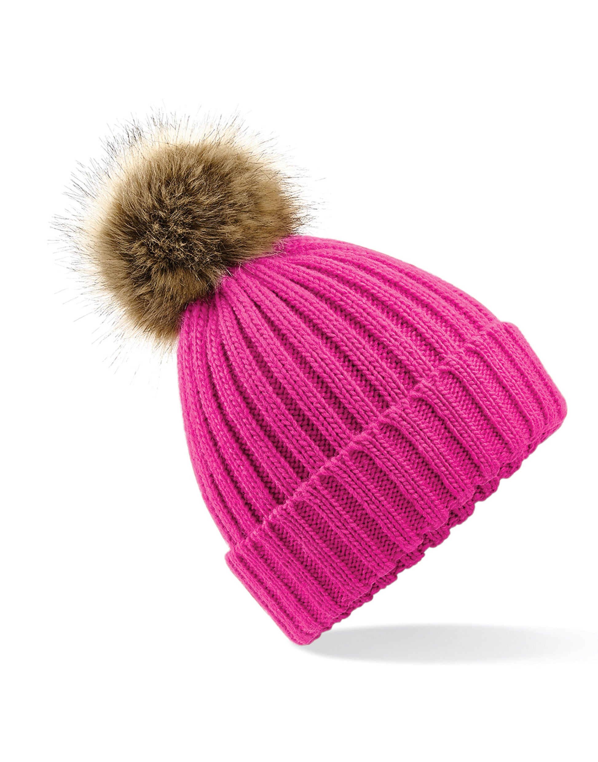 Faux Fur Pom Pom Chunky Beanie - Fuchsia