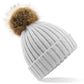 Faux Fur Pom Pom Chunky Beanie - Light Grey