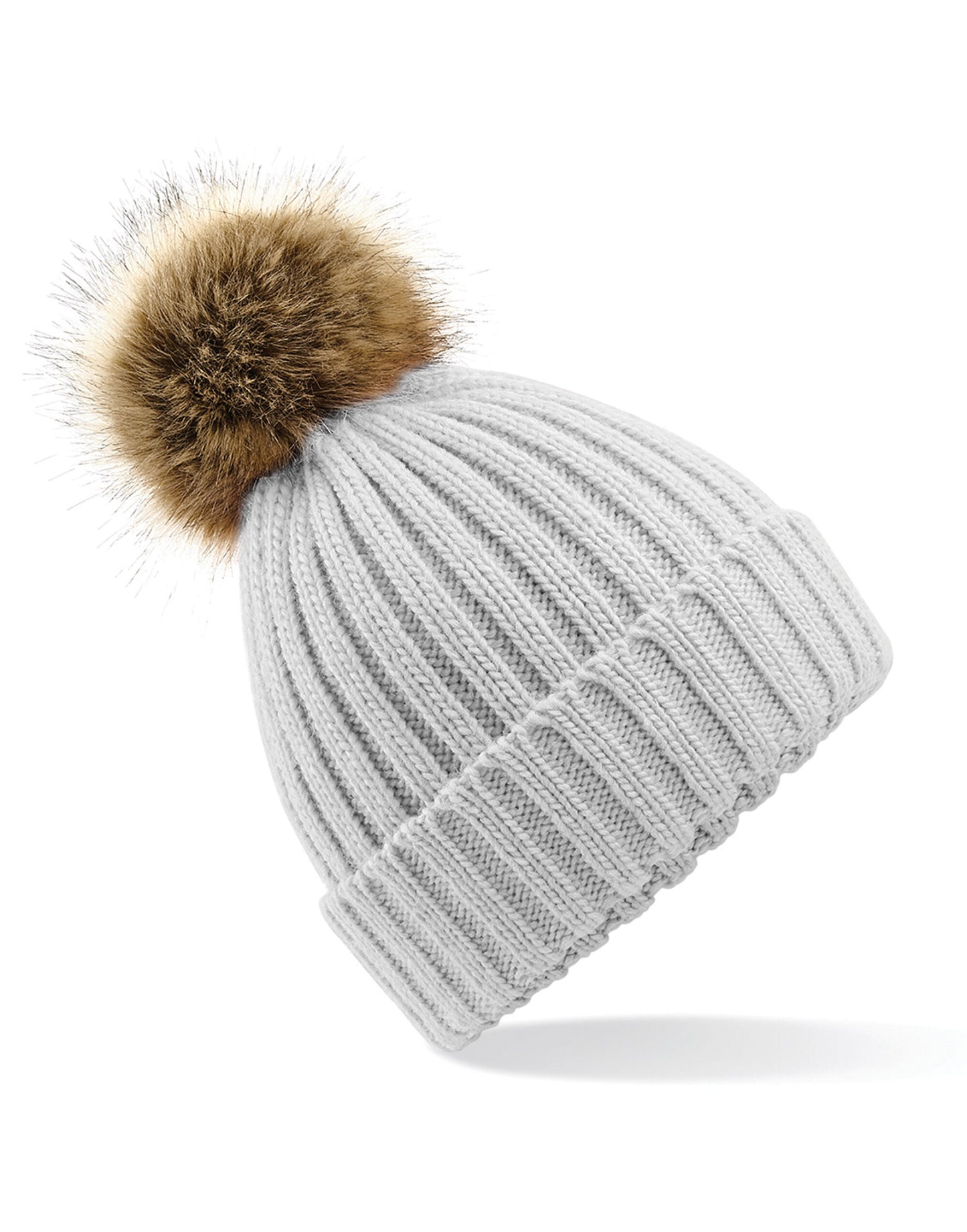 Faux Fur Pom Pom Chunky Beanie - Light Grey
