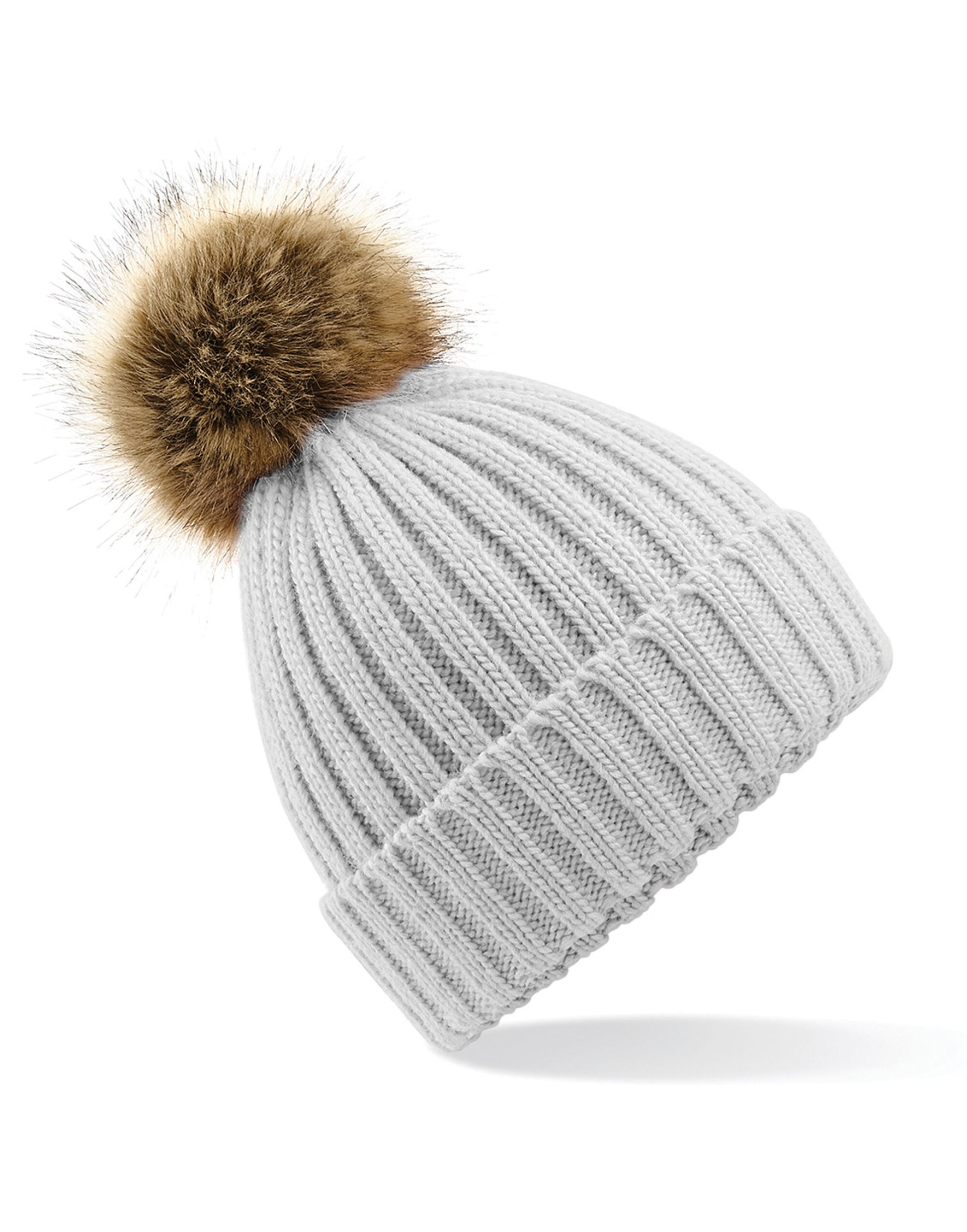Faux Fur Pom Pom Chunky Beanie - Light Grey