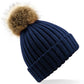 Faux Fur Pom Pom Chunky Beanie - Navy
