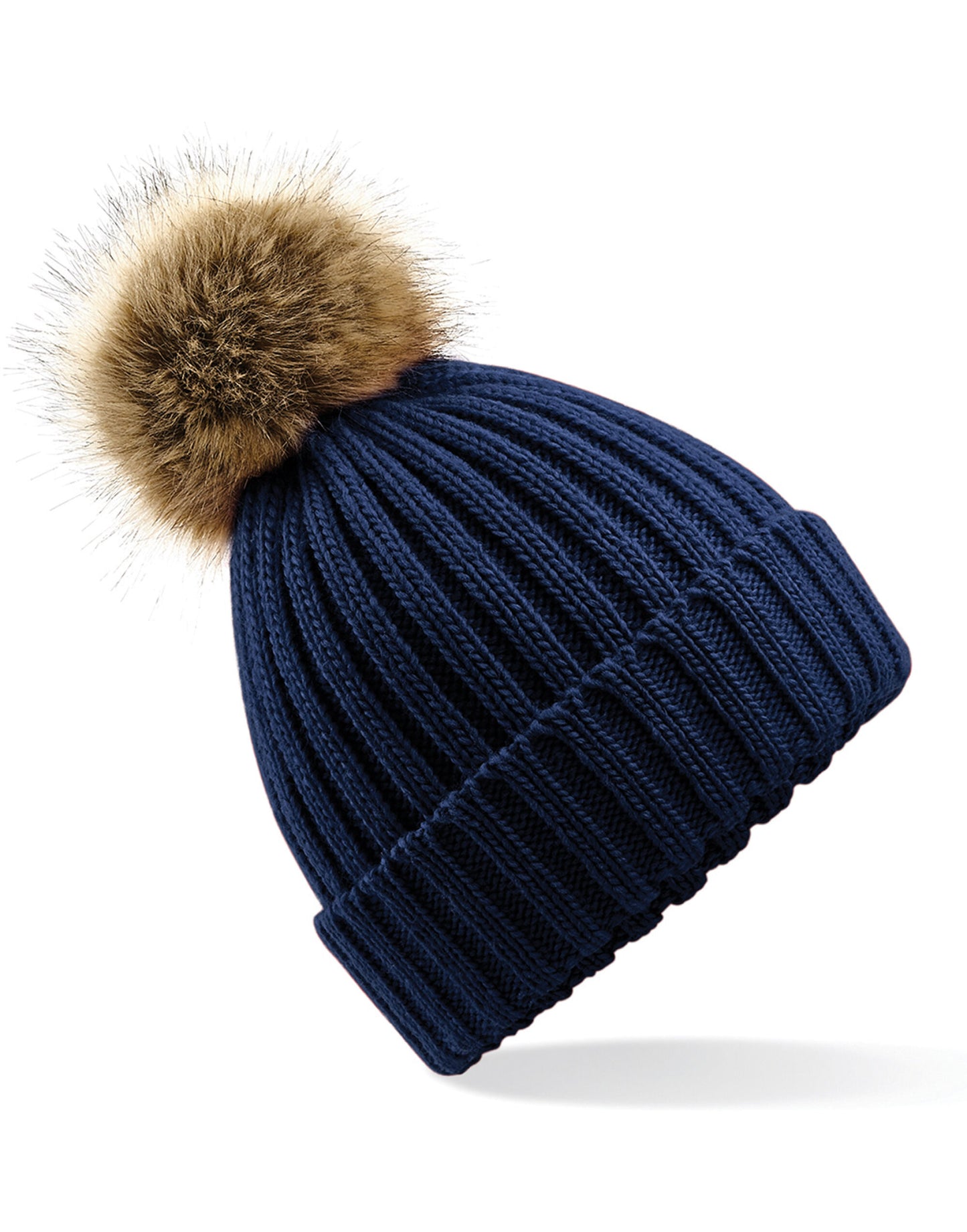 Faux Fur Pom Pom Chunky Beanie - Navy