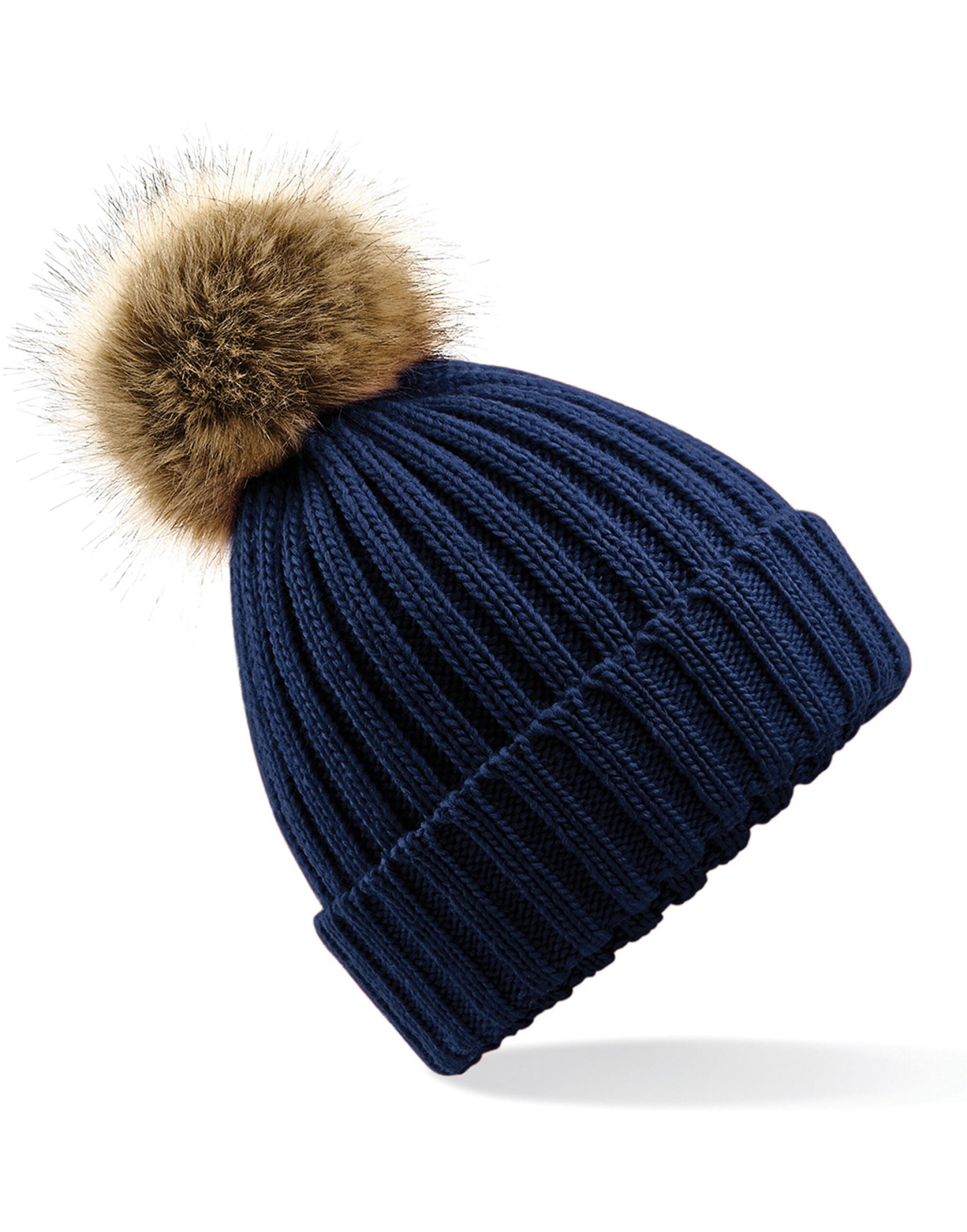 Faux Fur Pom Pom Chunky Beanie - Navy