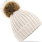 Faux Fur Pom Pom Chunky Beanie - Oatmeal