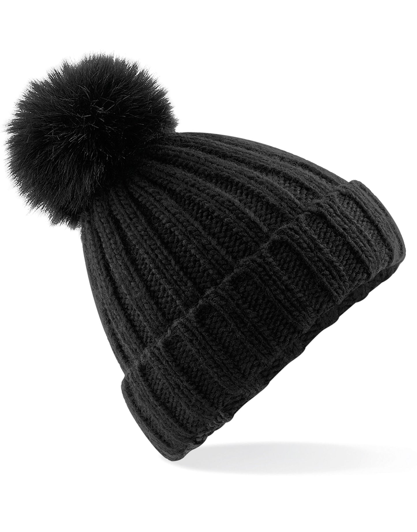 Verbier Faux Fur Pop Pom Chunky Beanie - Black