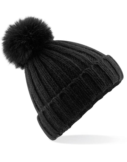 Verbier Faux Fur Pop Pom Chunky Beanie - Black