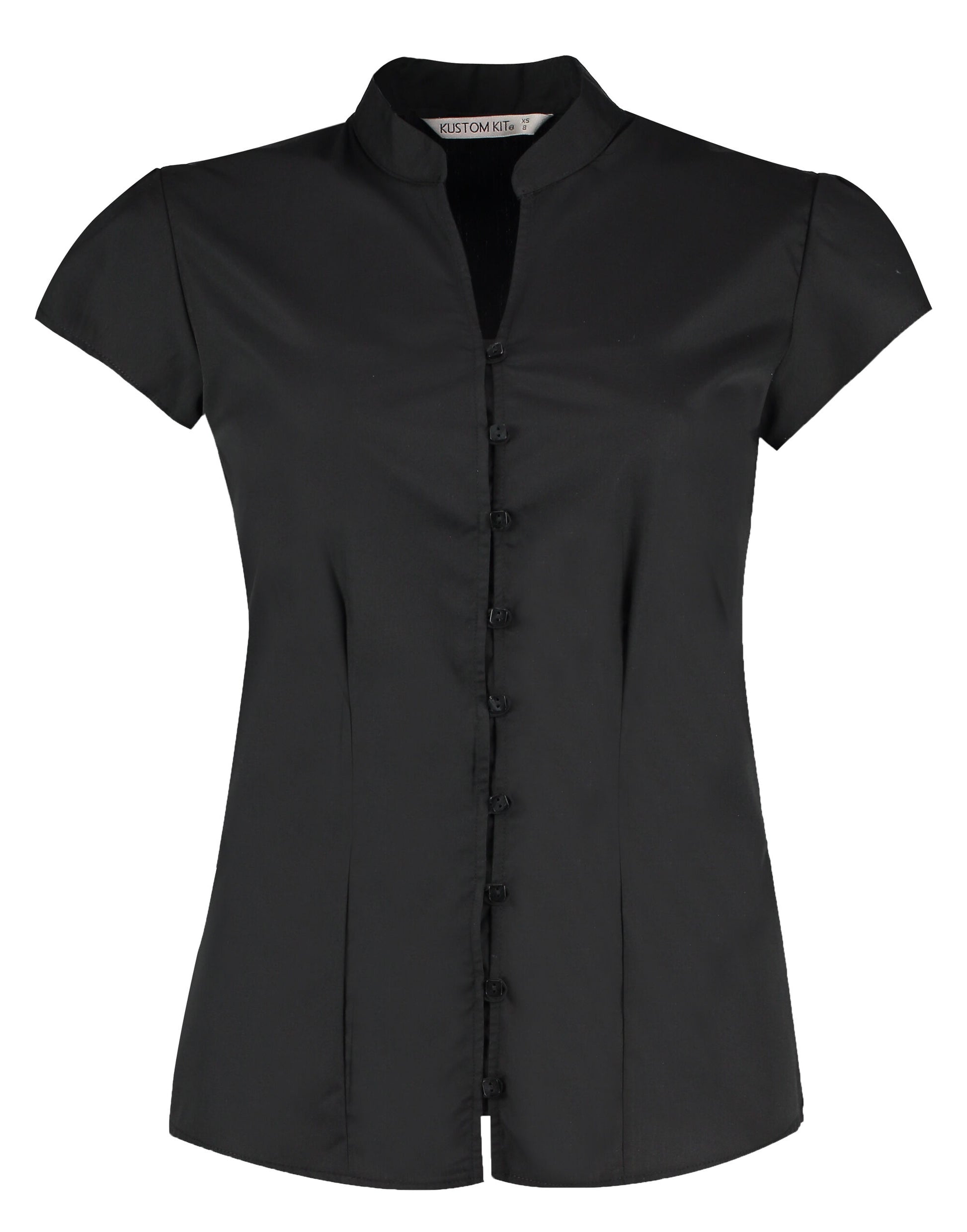 Tailored Fit Cap Sleeve Mandarin Collar Blouse - Black