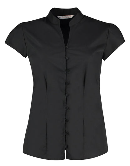 Tailored Fit Cap Sleeve Mandarin Collar Blouse - Black