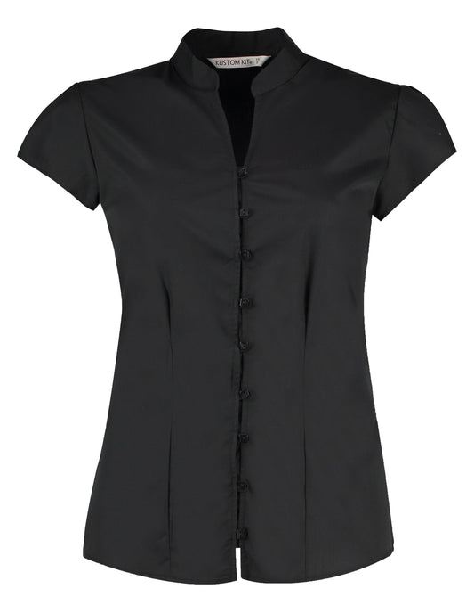 Tailored Fit Cap Sleeve Mandarin Collar Blouse - Black