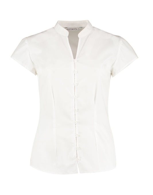 Tailored Fit Cap Sleeve Mandarin Collar Blouse - White