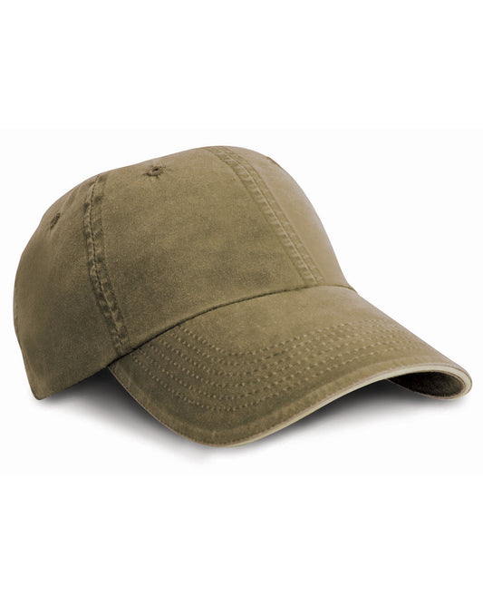 Washed Fine Line Cotton Cap with Sandwich Peak - Olive/Stone