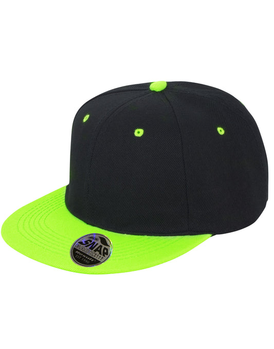 Bronx Original Flat Peak Snap Back Dual Colour Cap - Black/Lime Green